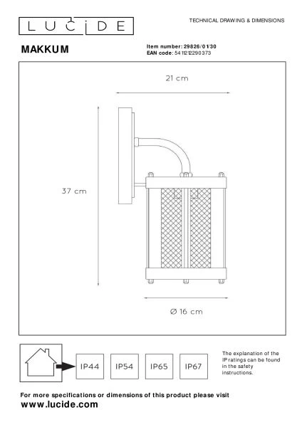 Lucide MAKKUM - Applique murale Intérieur/Extérieur - 1xE27 - IP23 - Noir - technique